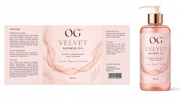 Velvet Shower Oil 300ml - ready-to-brand packaging and label layout, OEM private label Malaysia