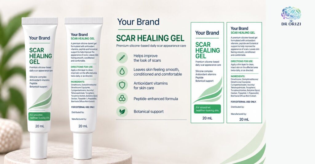 Scar Healing Gel 20ml - pharmacy private label packaging mock-up, ORIZI Group OEM Malaysia