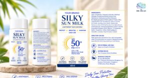 Silky Sun Milk SPF50+ PA++++ 60ml - pharmacy private label packaging mock-up, ORIZI Group OEM Malaysia