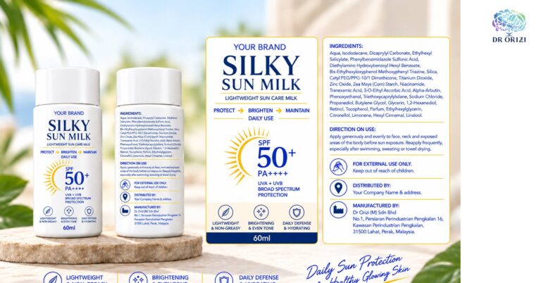 Silky Sun Milk SPF50+ PA++++ 60ml - pharmacy private label packaging mock-up, ORIZI Group OEM Malaysia