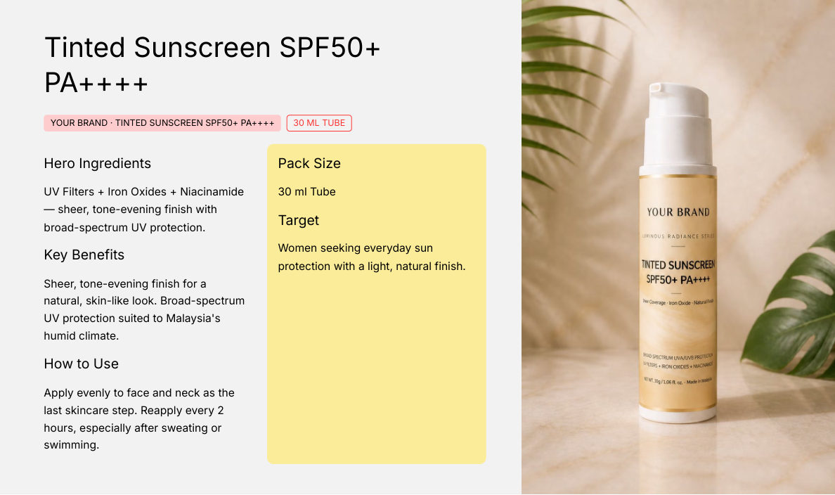Tinted Sunscreen SPF50+ PA++++ 30ml - private label OEM concept for the Malaysian koperasi market, ORIZI Group