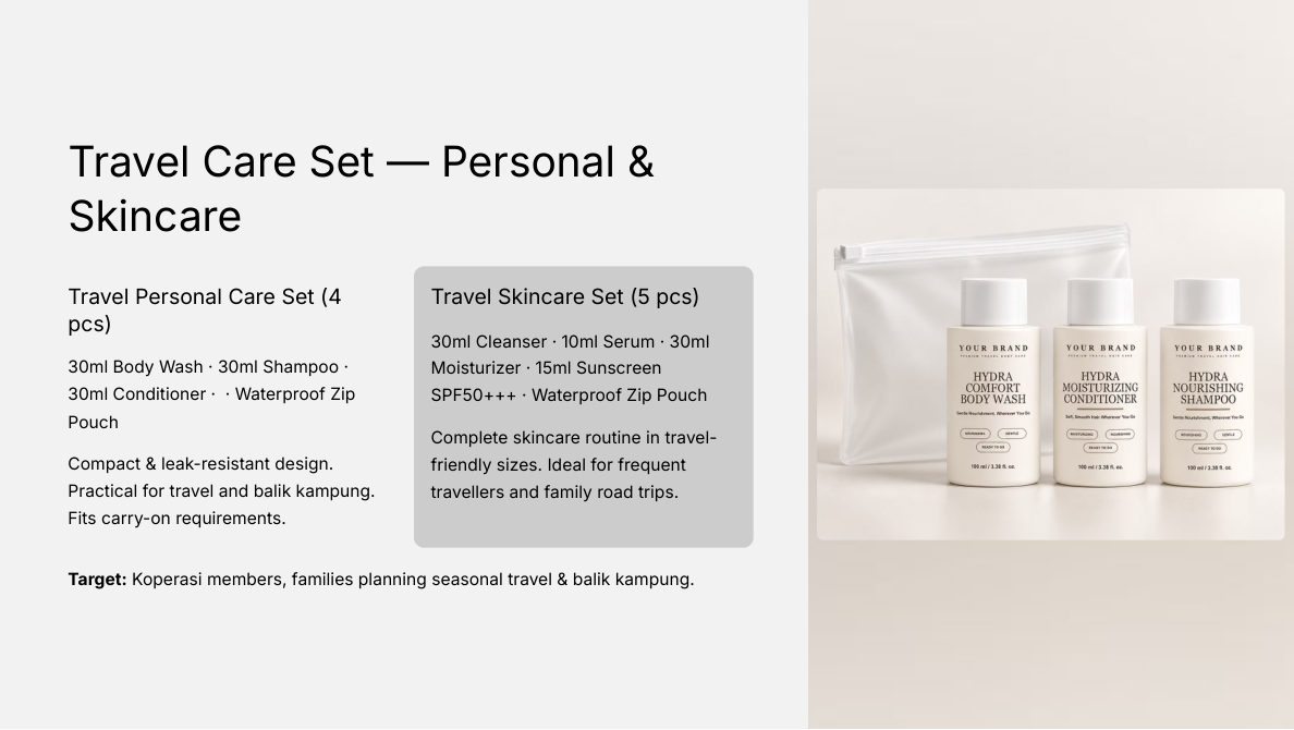 Travel Personal Care Set (4 pcs) - private label OEM concept for the Malaysian koperasi market, ORIZI Group