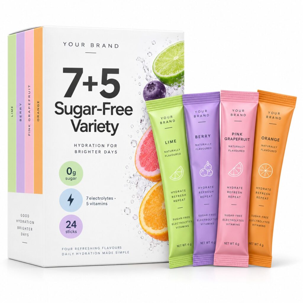 7+5 Sugar-Free Variety Stick — private-label electrolyte powder mock-up, your brand