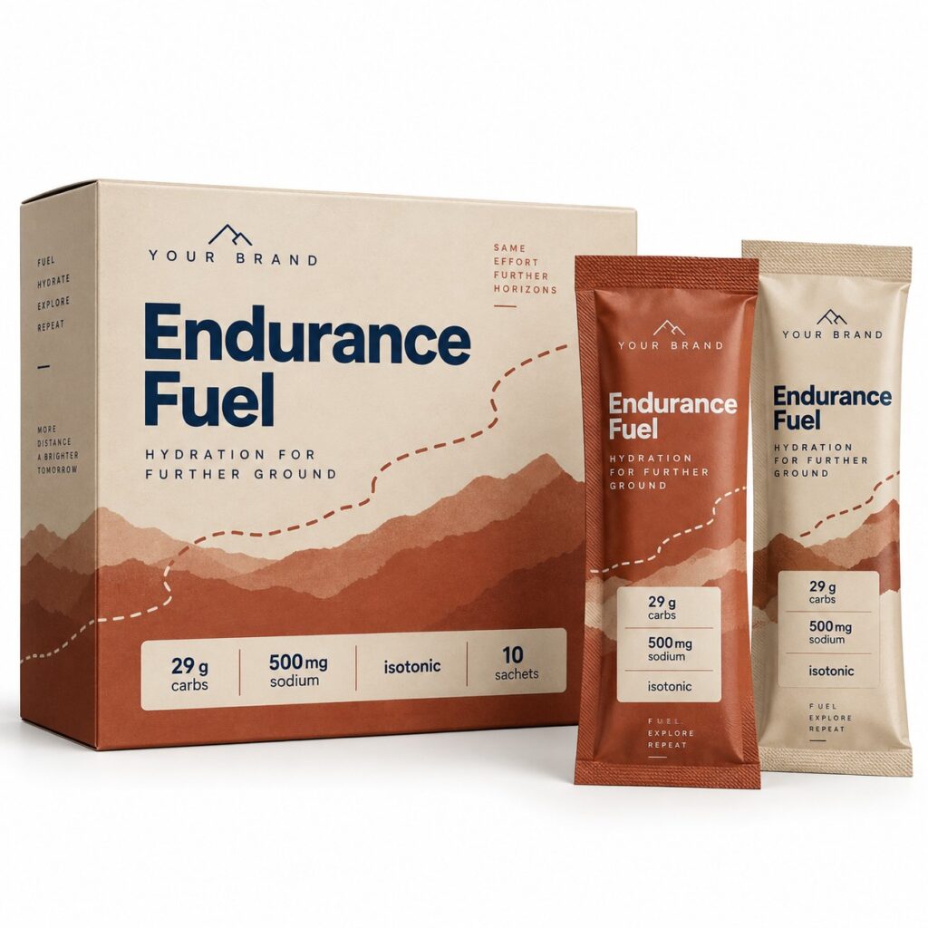 Endurance Carb + Electrolyte Sachet — private-label electrolyte powder mock-up, your brand