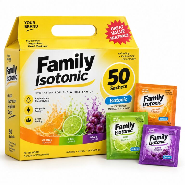 Family Isotonic 50-Sachet Carton — private label electrolyte powder, made by ORIZI Group