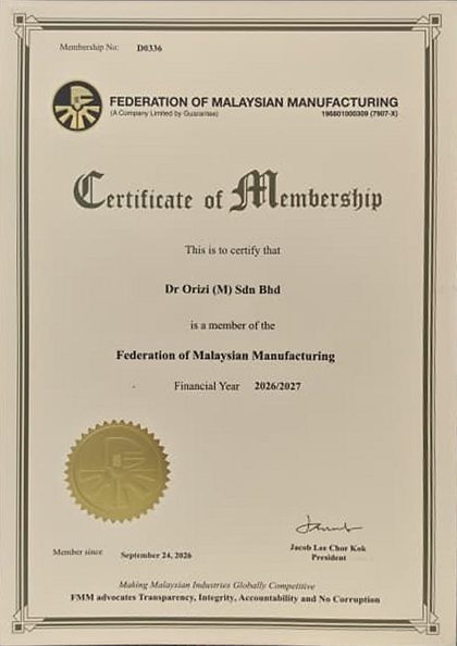 FMM Certificate of Membership for Dr Orizi (M) Sdn Bhd, membership no. D0336