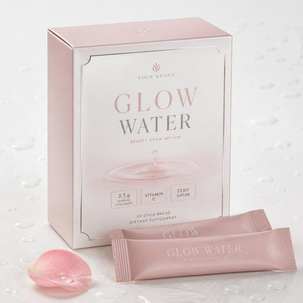 Glow Collagen Hydration Stick — private-label electrolyte powder mock-up, your brand