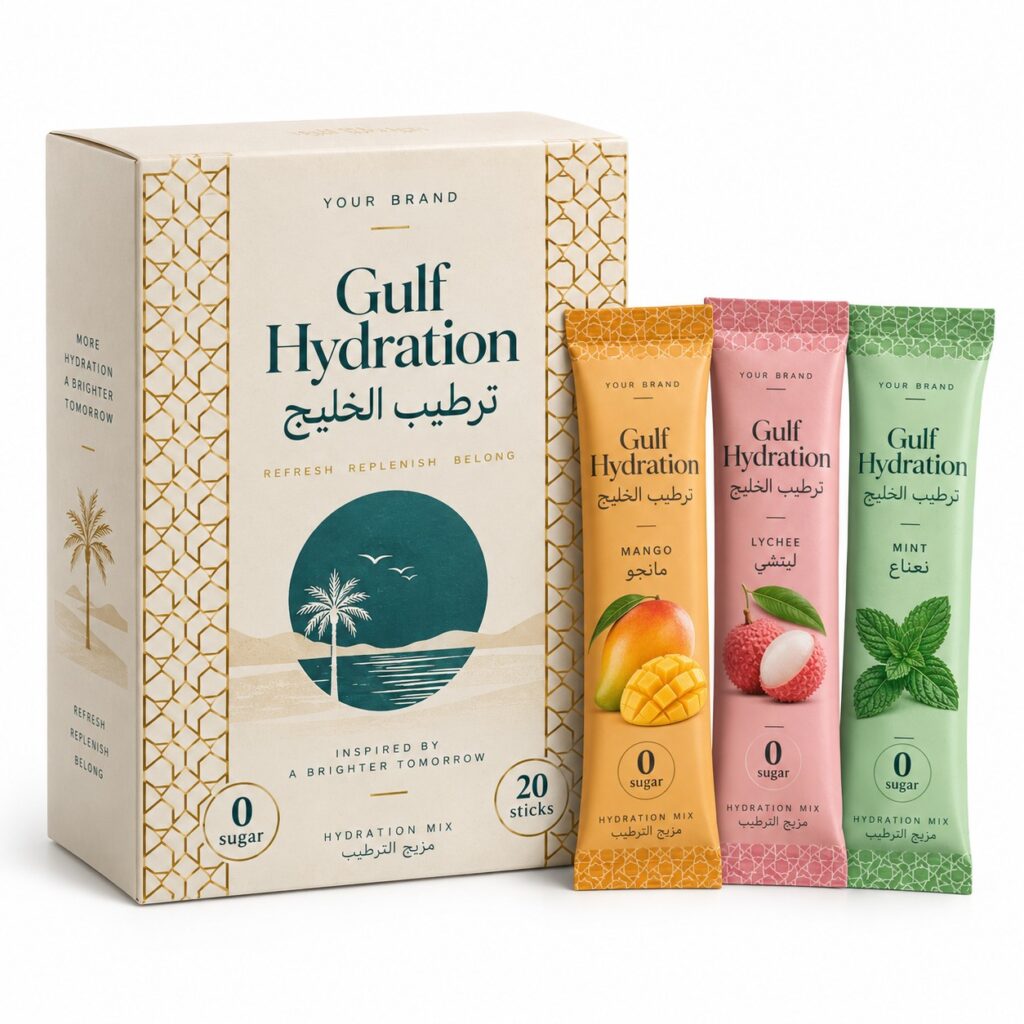Gulf Zero-Sugar Hydration Stick — private-label electrolyte powder mock-up, your brand