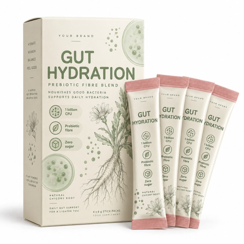 Gut Hydration Probiotic Stick — private-label electrolyte powder mock-up, your brand