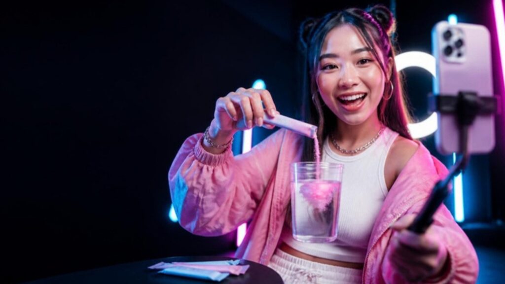 Creator pouring an electrolyte powder stick into a tumbler — hydration trend 2027