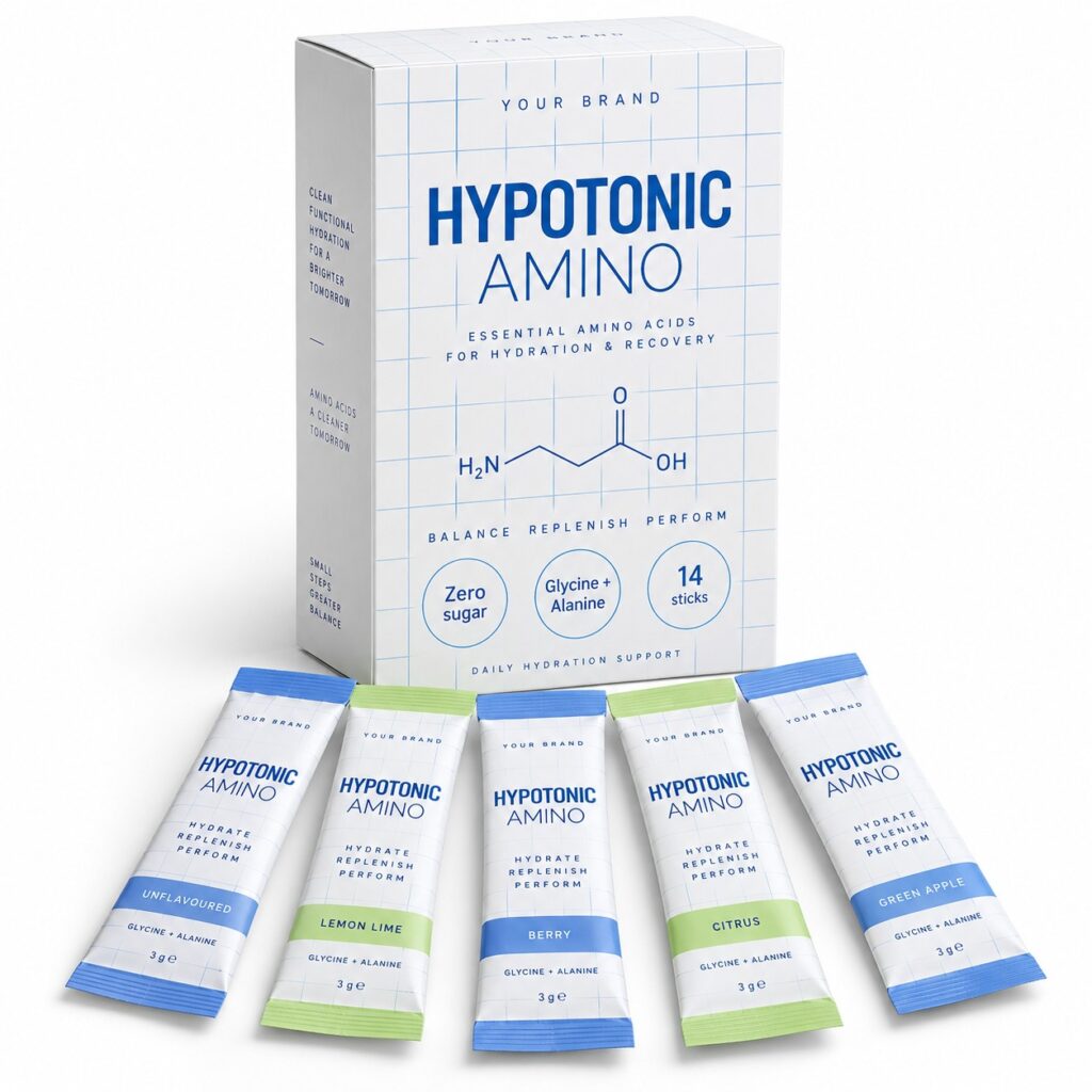 Hypotonic Amino Hydration — private-label electrolyte powder mock-up, your brand