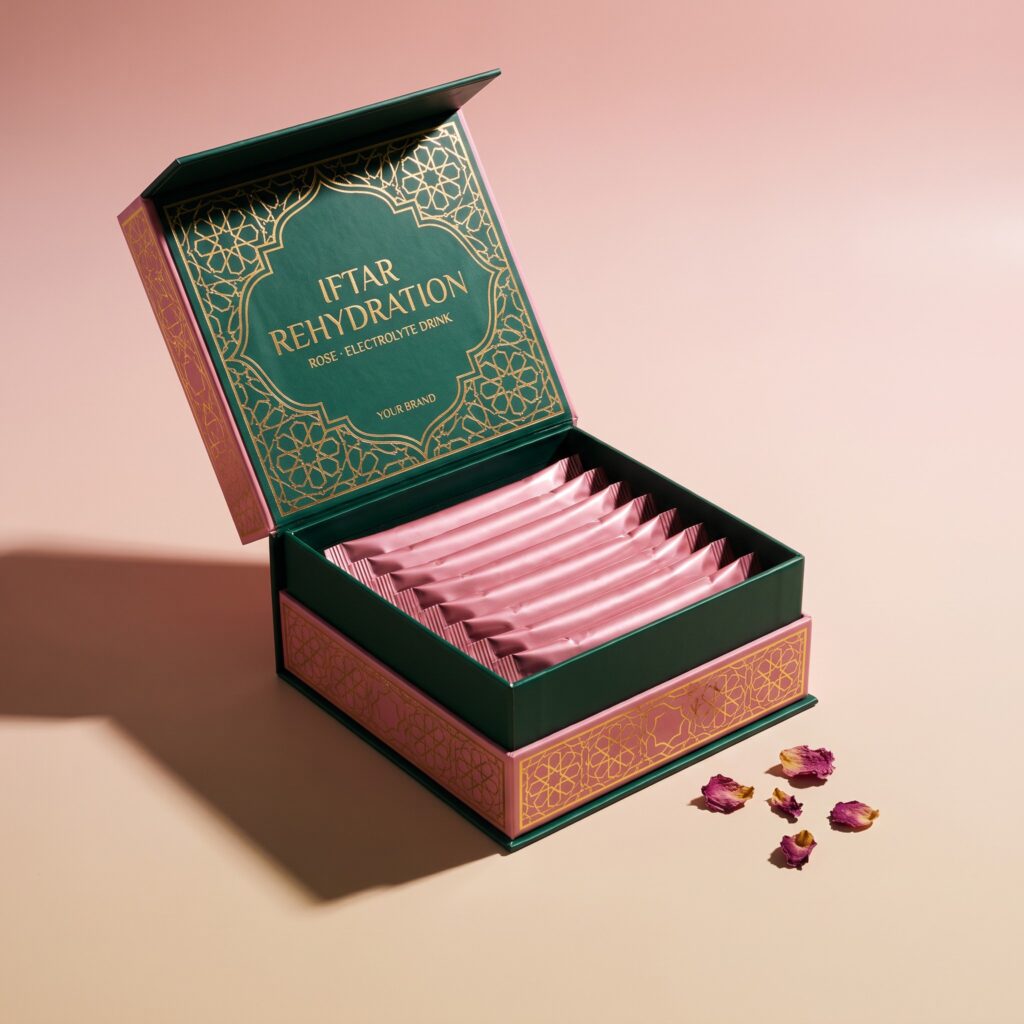 Iftar Rehydration Sachet — private-label electrolyte powder mock-up, your brand