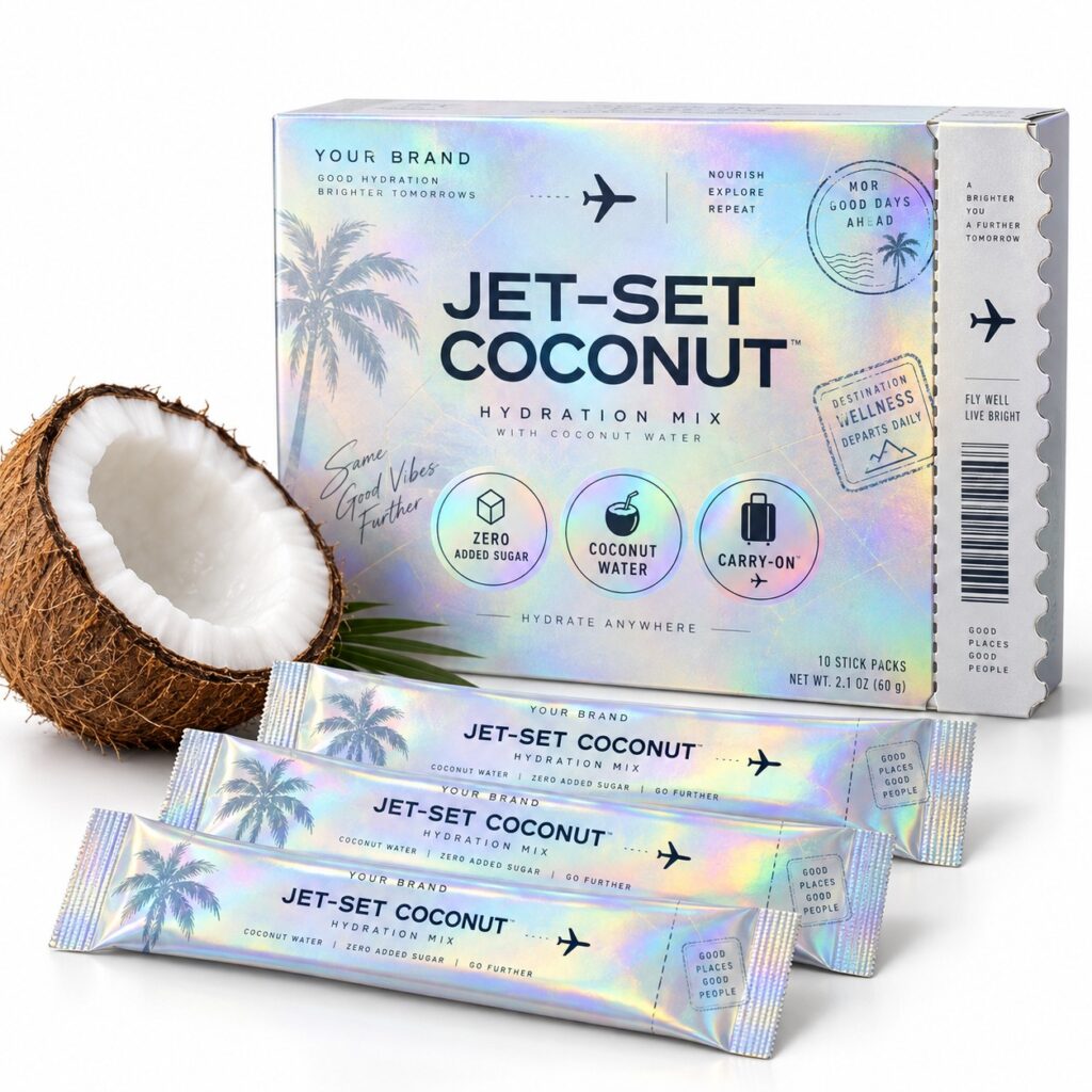 Jet-Set Coconut Travel Stick — private-label electrolyte powder mock-up, your brand
