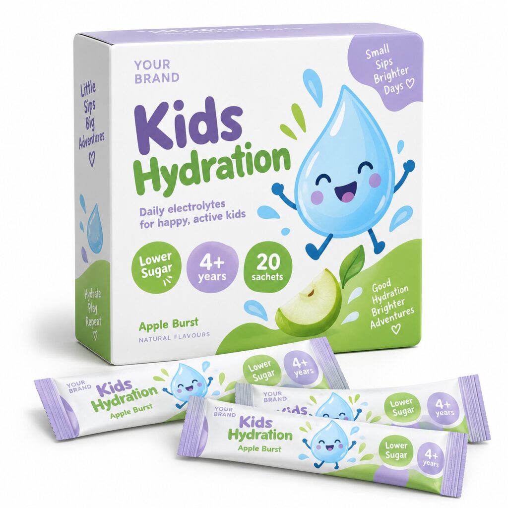 Kids Lower-Sugar Hydration Sachet — private-label electrolyte powder mock-up, your brand