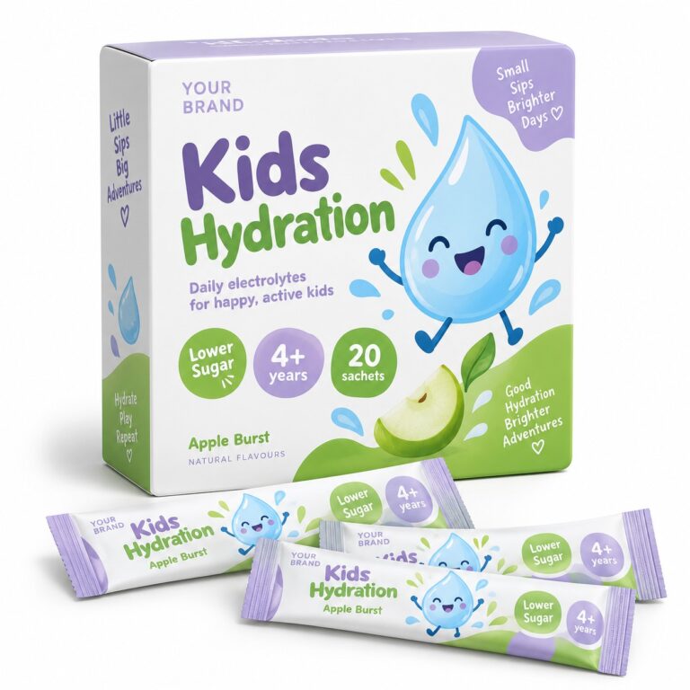 Kids Lower-Sugar Hydration Sachet — private label electrolyte powder, made by ORIZI Group