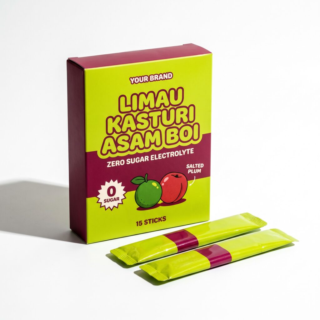 Limau Kasturi Asam Boi Stick — private-label electrolyte powder mock-up, your brand