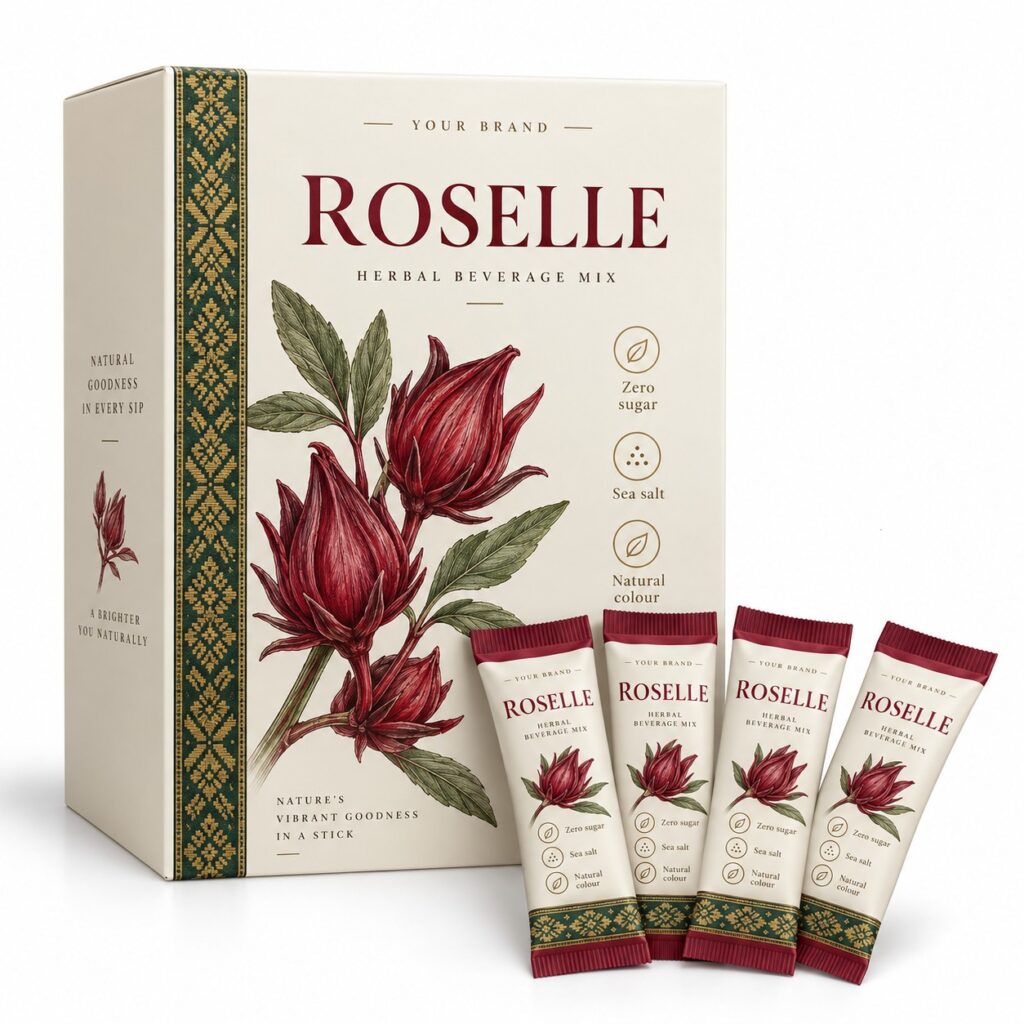 Roselle Sea Salt Stick — private-label electrolyte powder mock-up, your brand