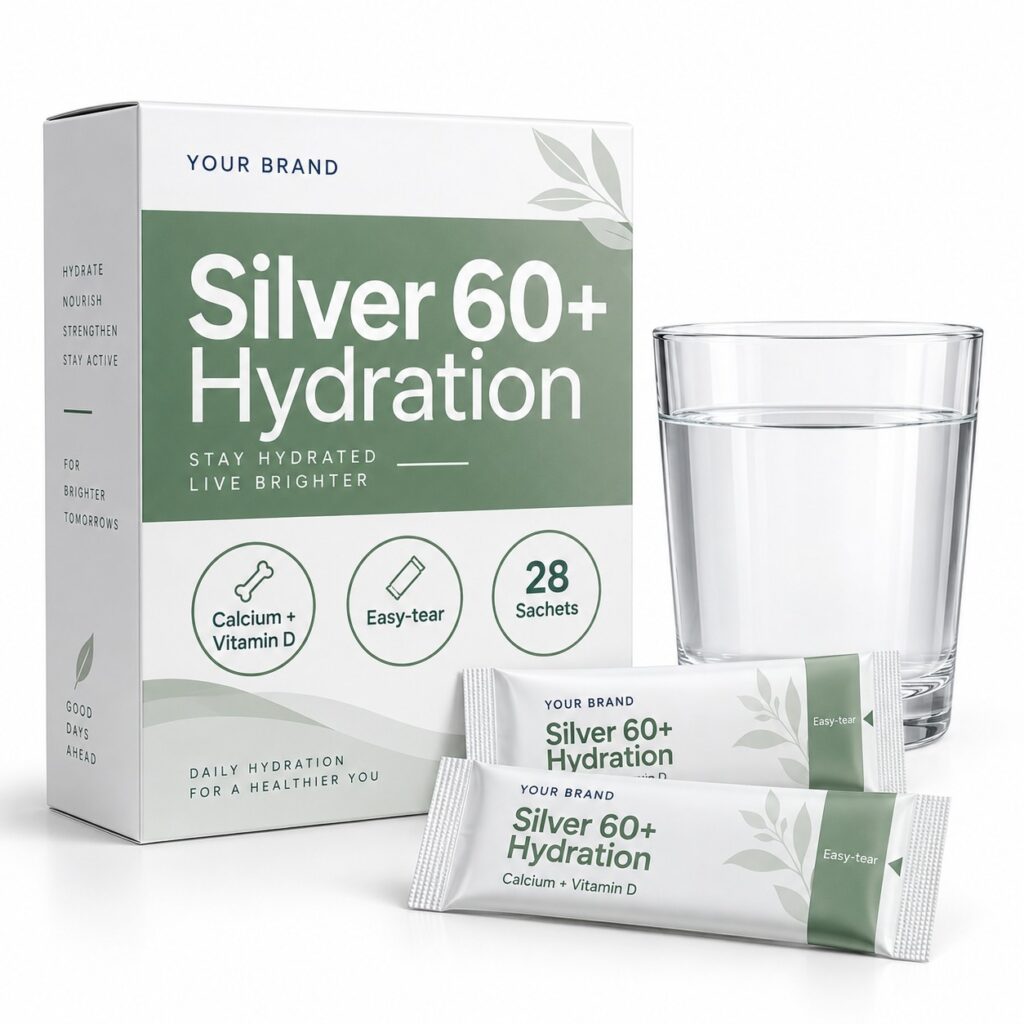 Silver 60+ Hydration Sachet — private-label electrolyte powder mock-up, your brand