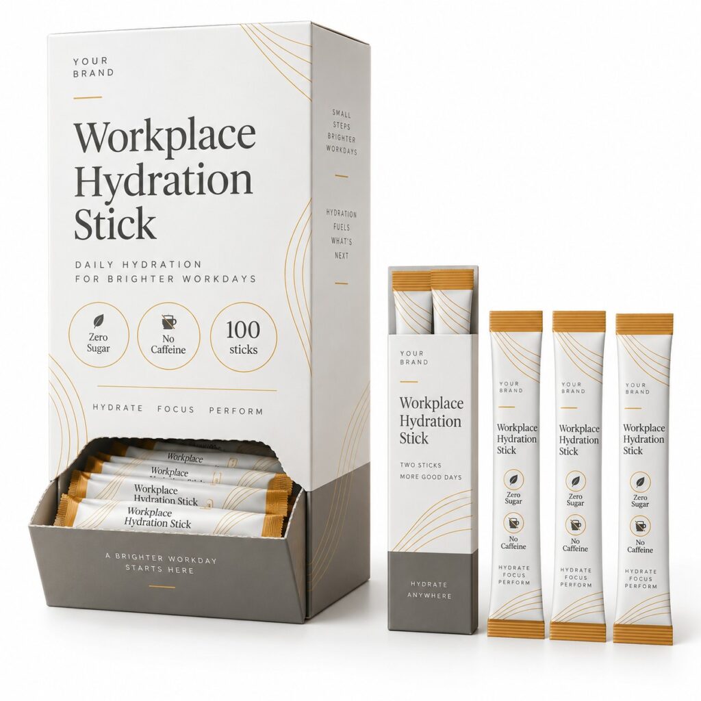 Workplace & Gym Dispenser Stick — private-label electrolyte powder mock-up, your brand